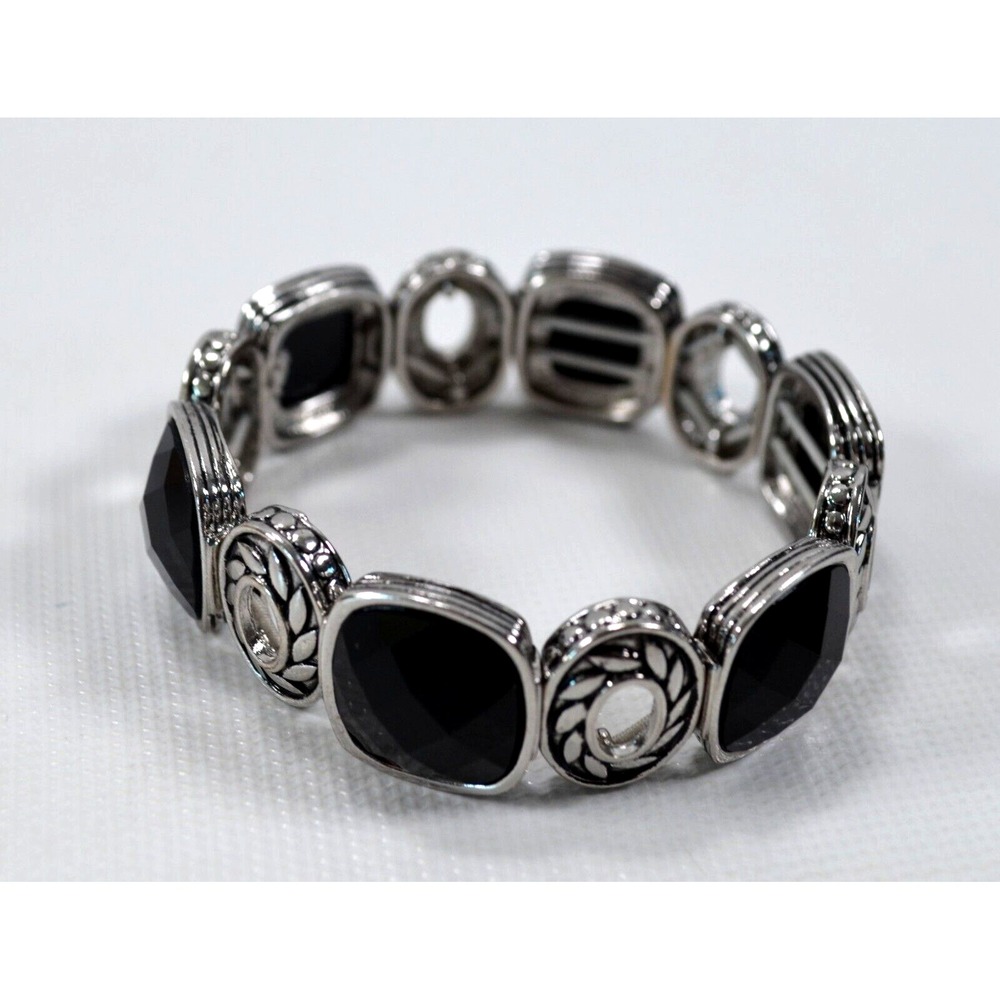 Silver Tone Stretch Bracelet with Black‎ Flat Faceted Bead Setting 7"